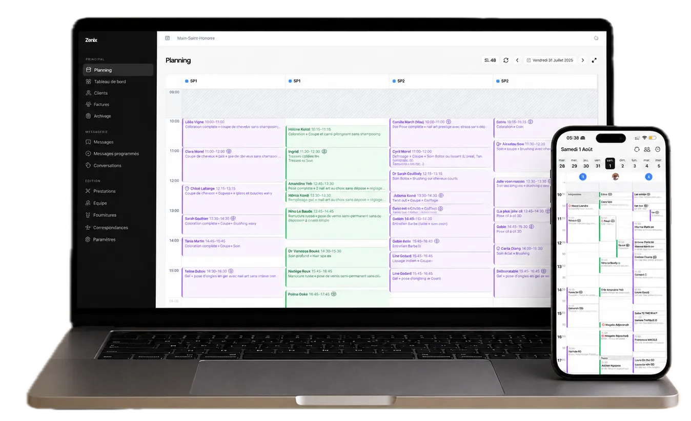 Le planning Cadeau Beauté ouvert sur un ordinateur portable, et l'agenda du jour sur iPhone